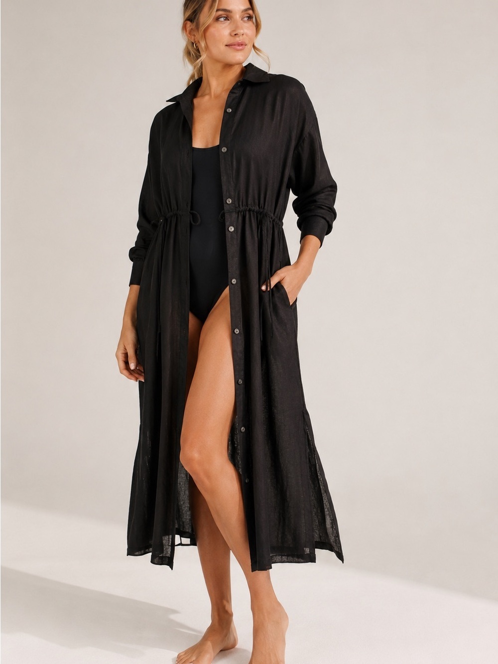 NWT CALIA Black Cinched Waist Long Sleeve Button Down Swim Dress, Size XS